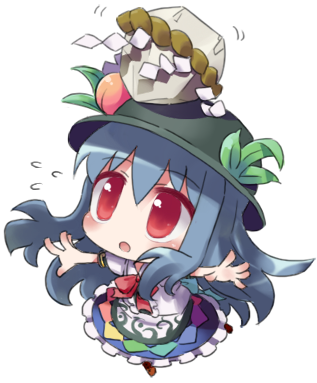 1girl, balancing, blue_hair, chibi, female_focus, hat, hinanawi_tenshi, kaname-ishi
