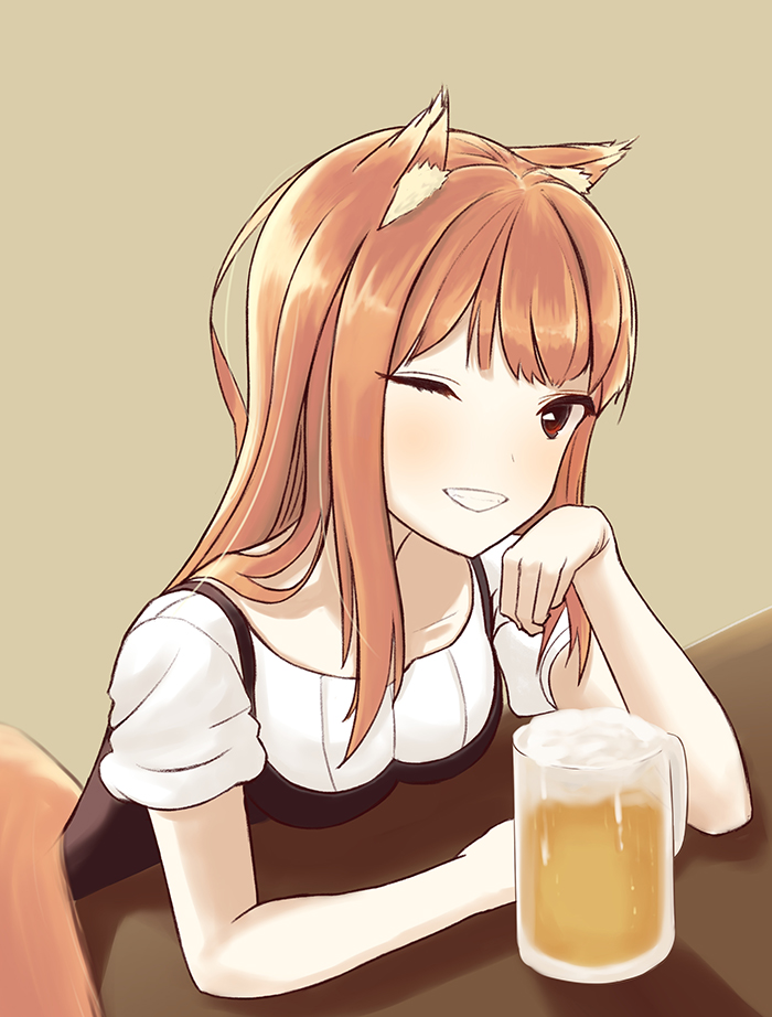 1girl, alcohol, animal_ears, beer, bodice, brown_background, brown_eyes, brown_hair, collarbone, female_focus, holo, kela, long_hair, looking_at_viewer, one_eye_closed, solo, spice_and_wolf, tail, wolf_ears, wolf_tail