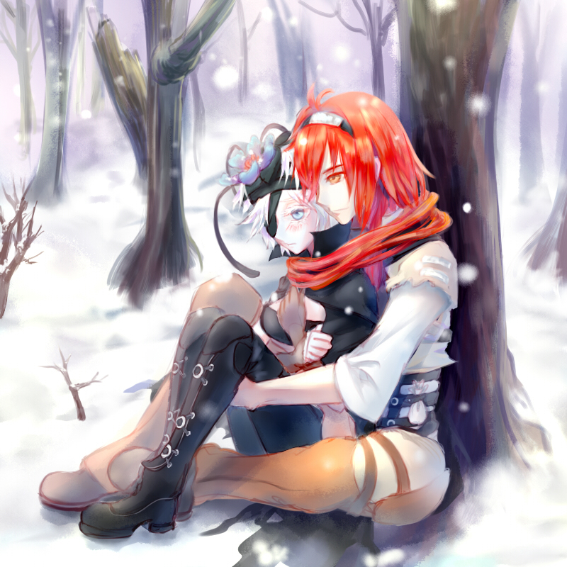 10s, 1boy, 1girl, adlet_myer, ambermaster, black_thighhighs, blue_eyes, boots