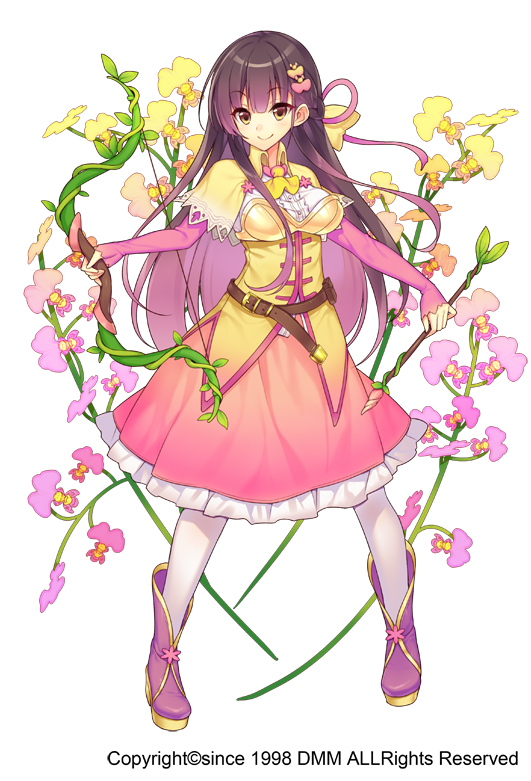 1girl, belt, bow_(weapon), brown_hair, female_focus, flower, flower_knight_girl, full_body