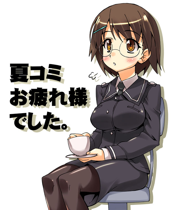 00s, 1girl, black_pantyhose, breath, brown_eyes, brown_hair, chair, female_focus