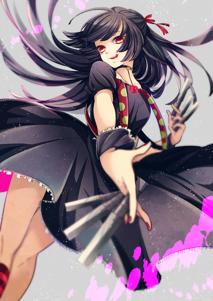 10s, 1boy, black_dress, black_hair, brown_eyes, crossdressing, crossdressing_(mtf), dress, hair_ribbon, kanasuke, long_hair, looking_at_viewer, male_focus, red_ribbon, ribbon, solo, suzuya_juuzou, tokyo_ghoul, tokyo_ghoul:re, tongue, tongue_out, trap