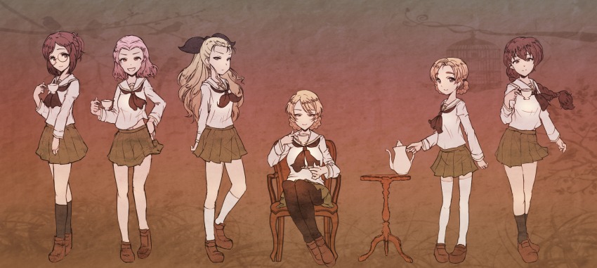 10s, 6+girls, alternate_costume, assam_(girls_und_panzer), black_pantyhose, black_socks, blonde_hair, blouse, blue_eyes, braid, brown_eyes, brown_footwear, brown_hair, chair, cosplay, crown_braid, cup, darjeeling_(girls_und_panzer), girls_und_panzer, green_skirt, hair_over_shoulder, hair_ribbon, hand_on_own_hip, highres, holding, kneehighs, light_smile, loafers, long_sleeves, looking_at_viewer, miniskirt, mityubi, multiple_girls, neckerchief, nilgiri_(girls_und_panzer), nirugiri, ooarai_school_uniform, open_mouth, orange_hair, orange_pekoe_(girls_und_panzer), pantyhose, parted_bangs, pleated_skirt, red_hair, ribbon, rosehip_(girls_und_panzer), rukuriri_(girls_und_panzer), saucer, school_uniform, serafuku, shirt, shoes, short_hair, single_braid, sitting, skirt, smile, socks, standing, table, teacup, teapot, thighhighs, twin_braids, white_legwear, white_shirt