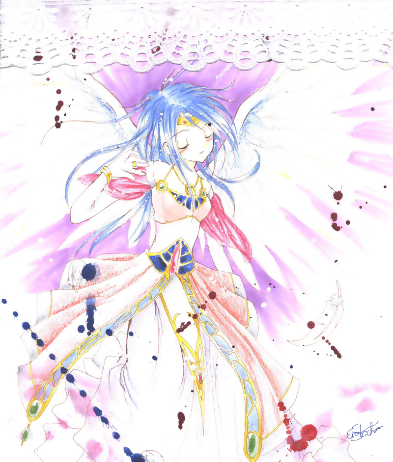1girl, angel_wings, blue_hair, breath_of_fire, breath_of_fire_ii, colored_pencil_(medium), dress, eva_yabai