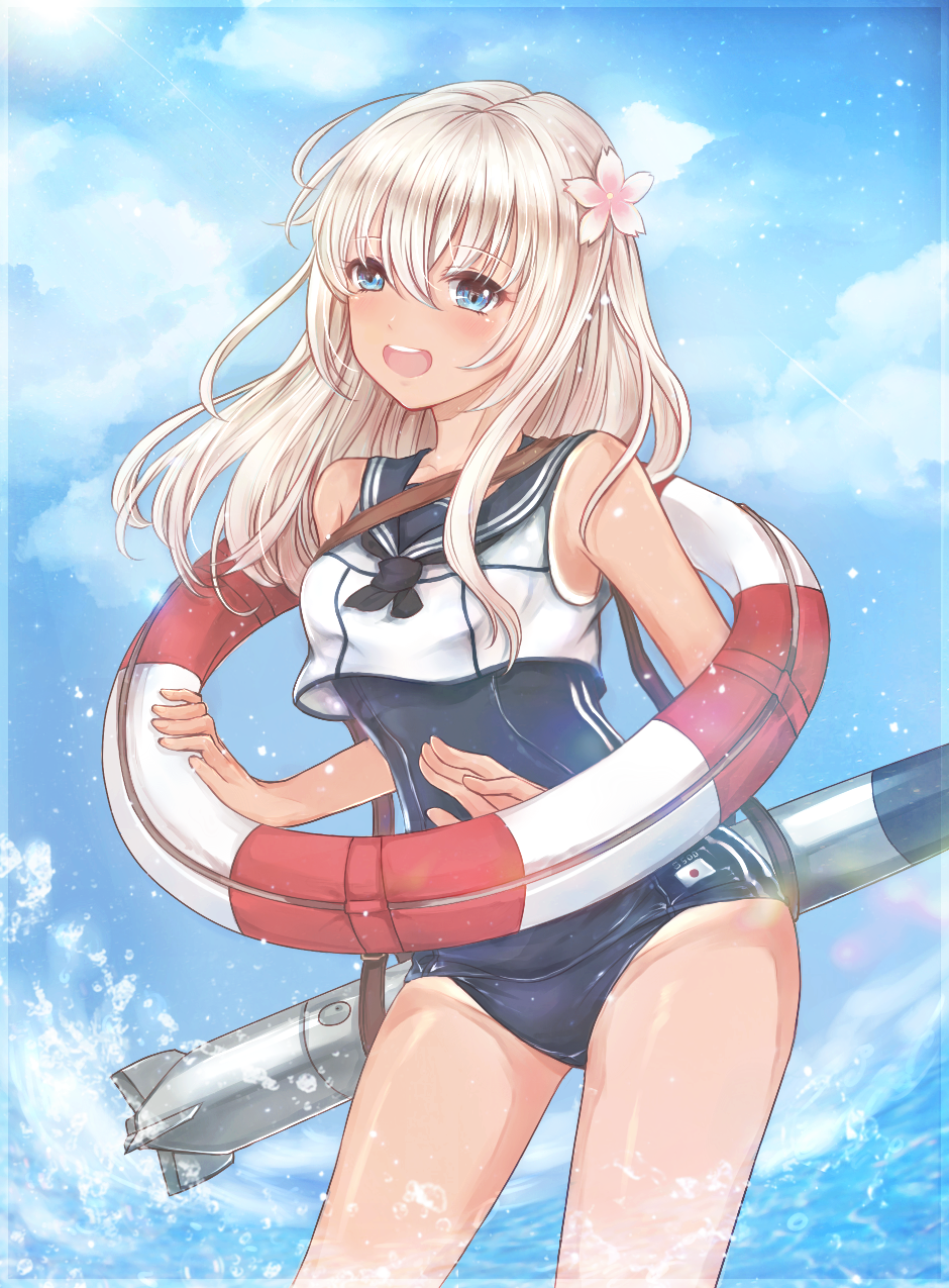 10s, 1girl, bad_id, bad_pixiv_id, blonde_hair, blue_eyes, crop_top, day
