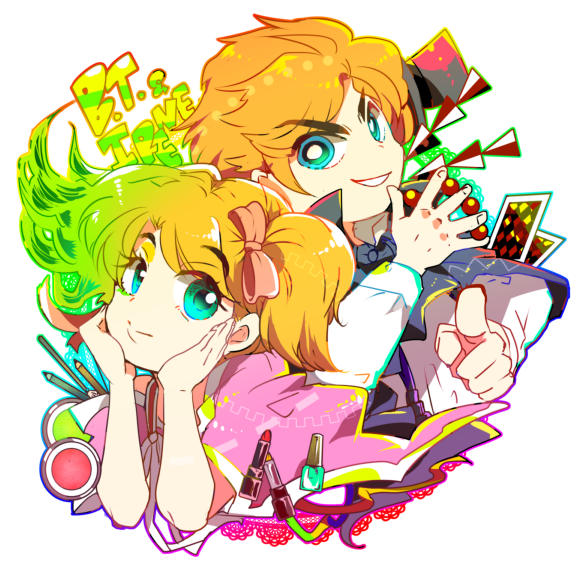 1boy, 1girl, aqua_eyes, blonde_hair, bow, bt_(ma_shounen_bt), card, cosmetics, creator_connection, crossover, gorgeous_irene, gorgeous_irene_(character), hair_bow, hat, head_rest, lipstick, ma_shounen_bt, makeup, marble_(toy), mini_hat, mini_top_hat, nail_polish_bottle, playing_card, pointing, sadahara_inako, side_ponytail, simple_background, smile, top_hat, white_background