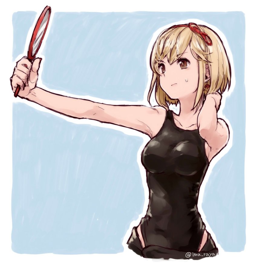 10s, 1girl, arm_behind_head, bad_id, bad_twitter_id, blonde_hair, brown_eyes, collarbone