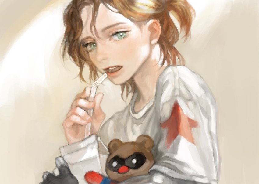 1girl, bad_id, bad_twitter_id, drinking_straw, female_focus, green_eyes, head_tilt, lips