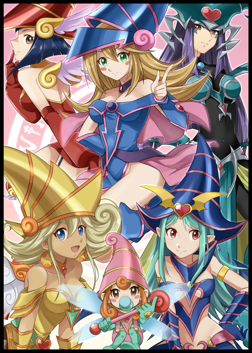6+girls, apple_magician_girl, bad_id, bad_pixiv_id, berry_magician_girl, blonde_hair, blue_eyes, blue_hair, blush_stickers, border, brown_eyes, chocolate_magician_girl, dark_magician_girl, duel_monster, fairy_wings, gloves, green_eyes, green_hair, hand_on_own_hip, hat, heart, highres, kiwi_magician_girl, lemon_magician_girl, leotard, long_hair, multiple_girls, nakata_(chamcham), no_panties, pacifier, purple_hair, red_eyes, short_hair, smile, staff, wings, wizard_hat, yellow_hat, yu-gi-oh!