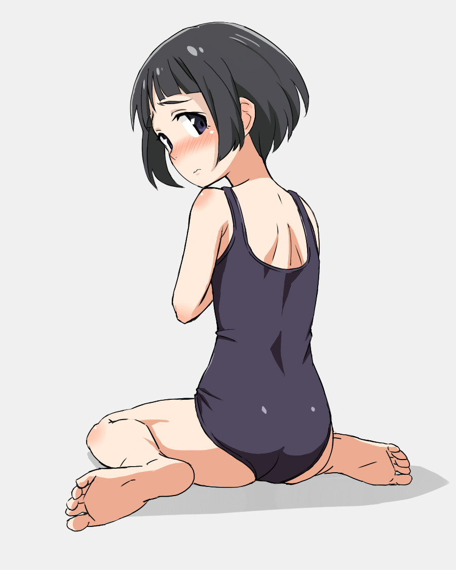 10s, 1boy, bad_id, bad_pixiv_id, barefoot, beaver_(artist), black_hair, blue_eyes, blush, boku_dake_ga_inai_machi, child, feet, from_behind, looking_at_viewer, looking_back, male_focus, one-piece_swimsuit, school_swimsuit, short_hair, sitting, soles, solo, sugita_hiromi, swimsuit, toes, trap, wariza