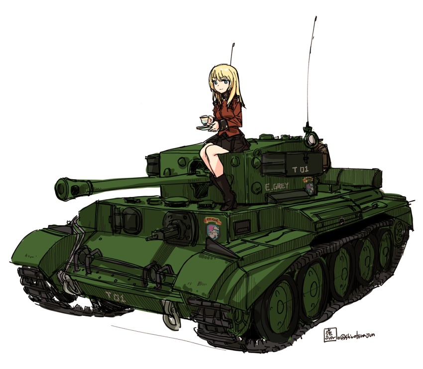 10s, 1girl, blonde_hair, cromwell_(tank), cup, earl_grey_(girls_und_panzer), emblem, female_focus