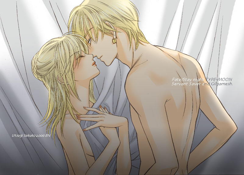 00s, 1boy, 1girl, artoria_pendragon_(fate), back, blonde_hair, blush, breasts
