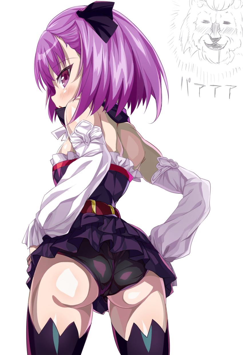 1girl, ass, bare_shoulders, belt, black_panties, black_thighhighs, blush, detached_sleeves, dress, fate/grand_order, fate_(series), female_focus, from_behind, from_below, helena_blavatsky_(fate), highres, looking_at_viewer, looking_back, open_mouth, panties, pantyshot, purple_eyes, purple_hair, shimejinameko, shiny_skin, short_hair, simple_background, sketch, solo, standing, strapless, thighhighs, thomas_edison_(fate), underwear, white_background