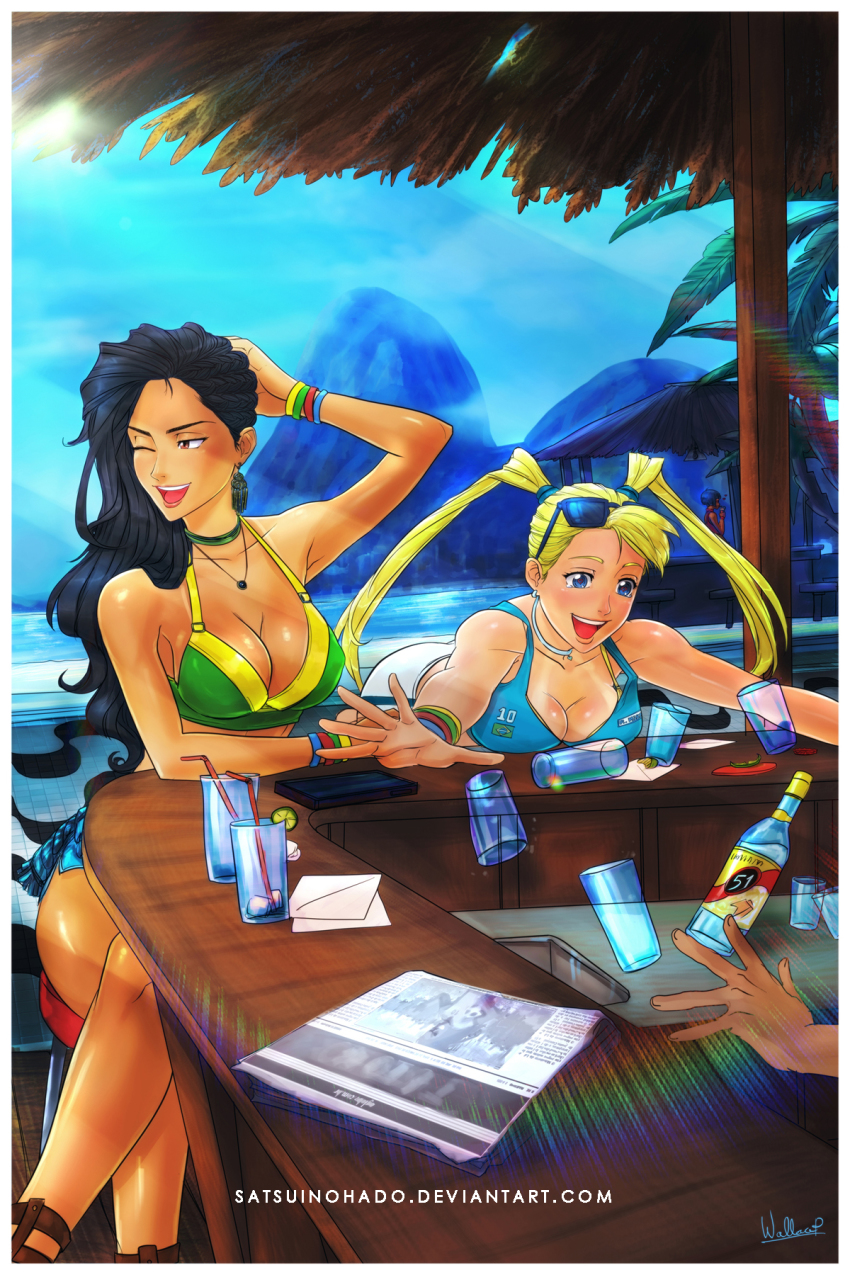 2girls, asymmetrical_hair, bar_(place), beach, bikini, black_hair, blonde_hair, blue_eyes, blush, bracelet, brazil, breasts, brown_eyes, capcom, choker, cleavage, cornrows, crop_top, dark-skinned_female, dark_skin, drinking_straw, earrings, eyewear_on_head, glasses, highres, jewelry, laura_matsuda, crossed_legs, long_hair, multiple_girls, no_mask, open_mouth, rainbow_mika, rio_de_janeiro, short_shorts, shorts, sitting, street_fighter, street_fighter_v, sunglasses, swimsuit, tan, tanline, twintails, wallace_pires, wavy_hair