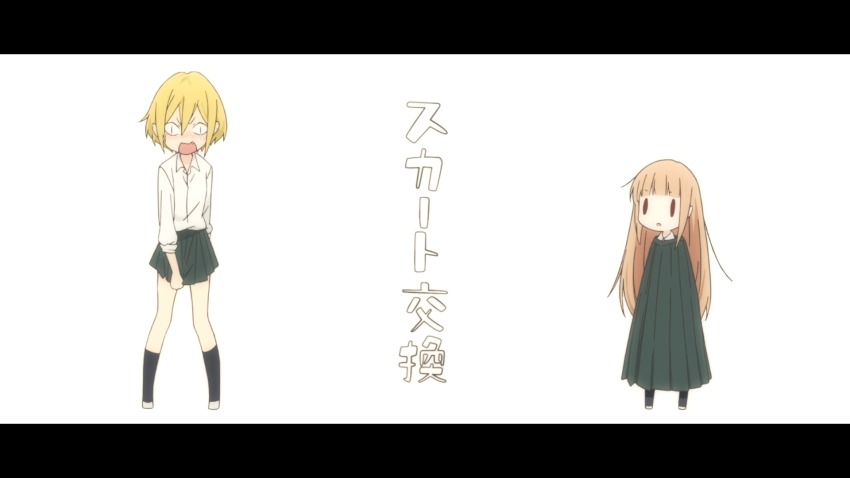2girls, anime_screenshot, blonde_hair, blush, brown_hair, cosplay, costume_switch, echizen_(tanakeda)