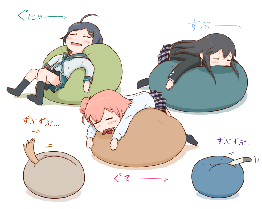 10s, 3girls, ahoge, bean_bag_chair, black_hair, black_socks, blush, brown_hair