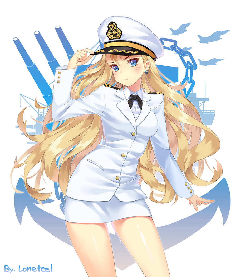 1girl, :o, aircraft, airplane, alternate_costume, anchor_symbol, artist_name, blonde_hair