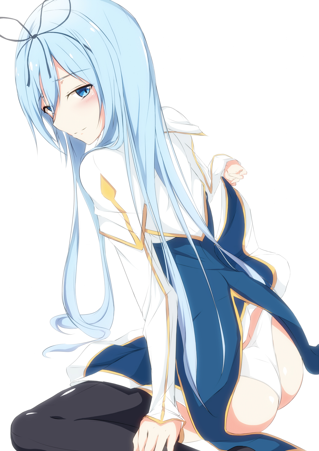 10s, 1girl, asuta_(ayustat0423), black_ribbon, black_thighhighs, blue_eyes, blue_hair, clothes_lift