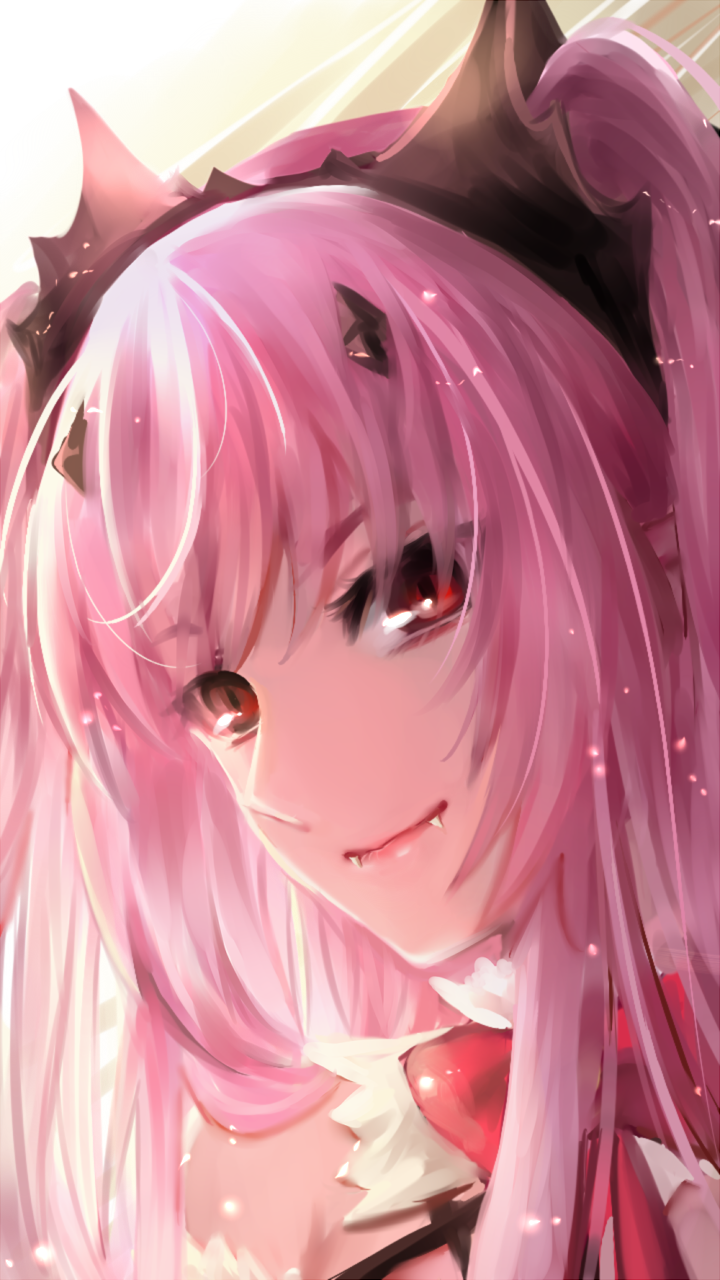 10s, 1girl, fang, fang_out, fangs, female_focus, hair_ornament, highres, krul_tepes, long_hair, looking_at_viewer, owari_no_seraph, pink_hair, red_eyes, sanaki_(mookeymuknet), solo, vampire