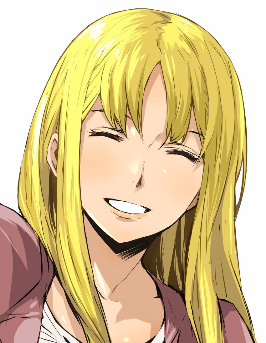 1girl, absurdres, baccano!, blonde_hair, blush, closed_eyes, enami_katsumi, female_focus, grin, head_tilt, highres, jacket, long_hair, monica_campanella, parted_bangs, portrait, purple_jacket, shirt, simple_background, smile, solo, teeth, white_background, white_shirt