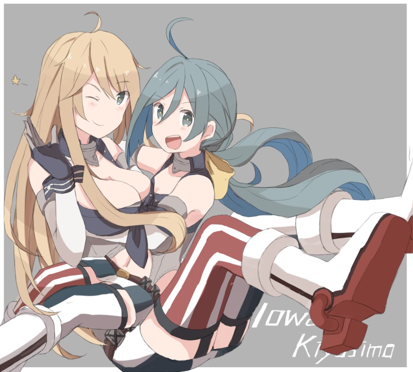 2girls, ahoge, asymmetrical_legwear, bare_shoulders, blonde_hair, blue_hair, blush_stickers, boots, breasts, cosplay, elbow_gloves, garter_straps, gloves, grey_background, grey_eyes, grey_hair, hair_between_eyes, hand_up, hug, iowa_(kancolle), iowa_(kancolle)_(cosplay), kantai_collection, kiyoshimo_(kancolle), large_breasts, long_hair, looking_at_viewer, low_twintails, miniskirt, mismatched_legwear, multicolored_hair, multiple_girls, navel, one_eye_closed, open_mouth, riz_(ravel_dc), sitting, sitting_on_lap, sitting_on_person, skirt, smile, star-shaped_pupils, star_(symbol), symbol-shaped_pupils, thighhighs, twintails, zettai_ryouiki