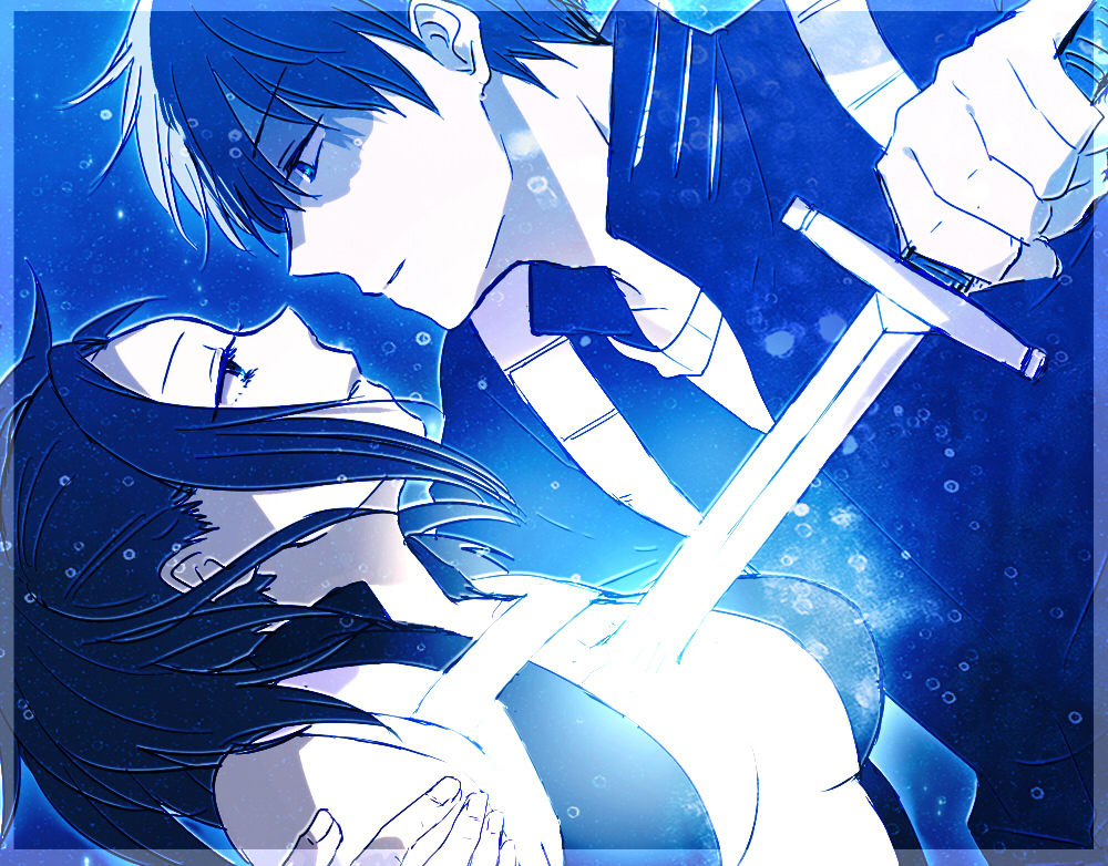 10s, 1boy, 1girl, bare_shoulders, blue_theme, boku_no_hero_academia, border, breasts, burn_scar, center_opening, drawing_sword, eye_contact, glowing, hinata_(ryohinata), holding, holding_sword, holding_weapon, human_scabbard, lips, long_hair, looking_at_another, monochrome, multicolored_hair, parody, parted_lips, ponytail, scar, sekai_wo_kakumei_suru_chikara_wo, short_hair, shoujo_kakumei_utena, sword, todoroki_shoto, two-tone_hair, weapon, yaoyorozu_momo