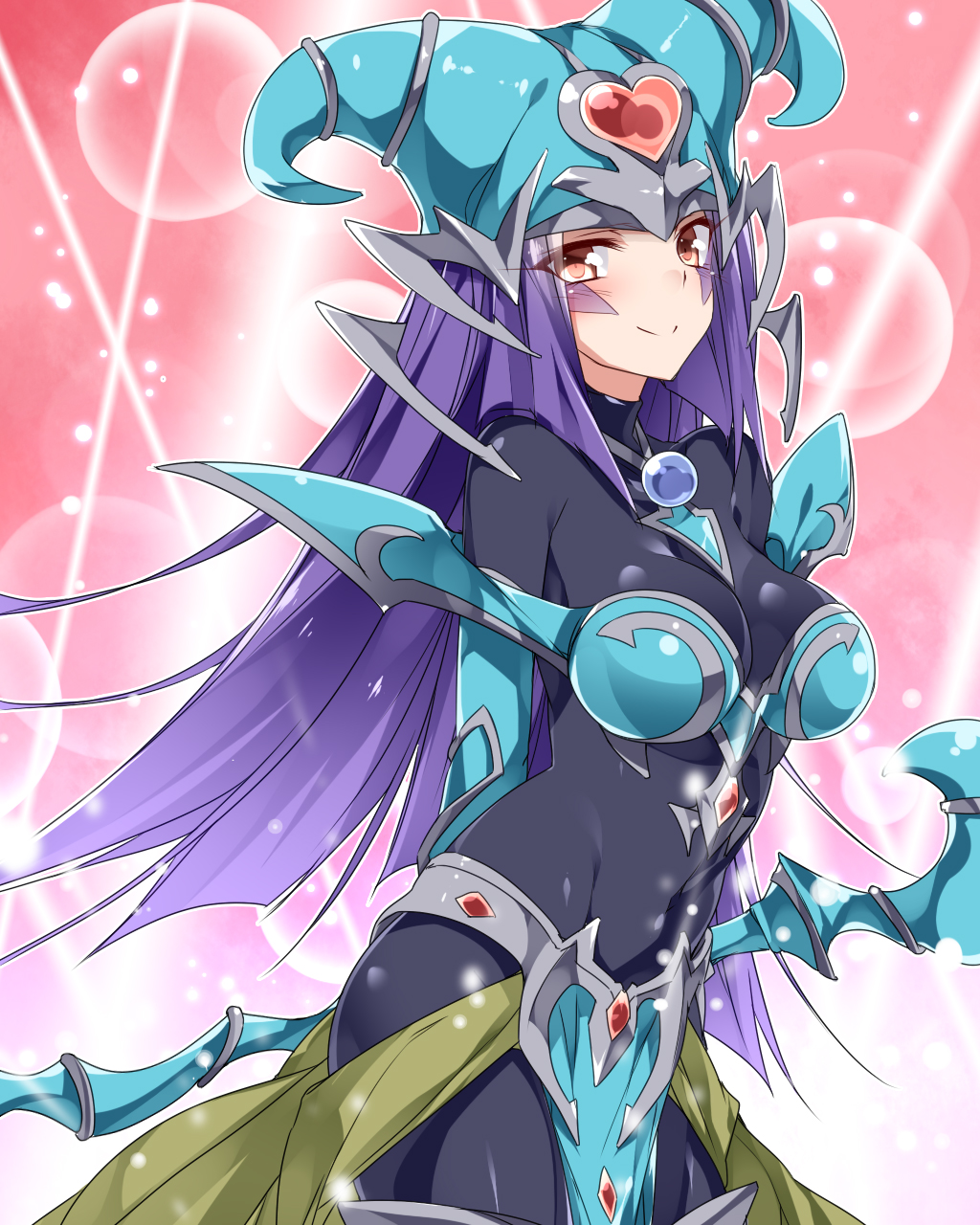 1girl, arms_behind_back, blush, bodysuit, breasts, covered_navel, detached_sleeves, duel_monster, female_focus, hat, heart, highres, kiwi_magician_girl, looking_at_viewer, mtu_(orewamuzituda), orange_eyes, purple_hair, red_eyes, smile, solo, staff, yu-gi-oh!