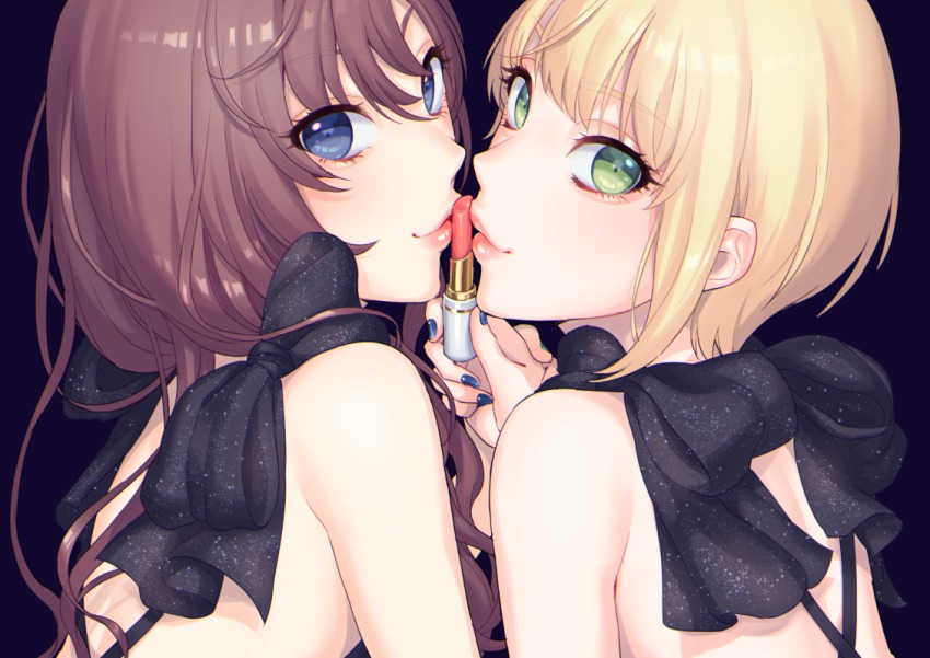 10s, 2girls, bad_id, bad_pixiv_id, black_background, blonde_hair, blue_eyes, brown_hair