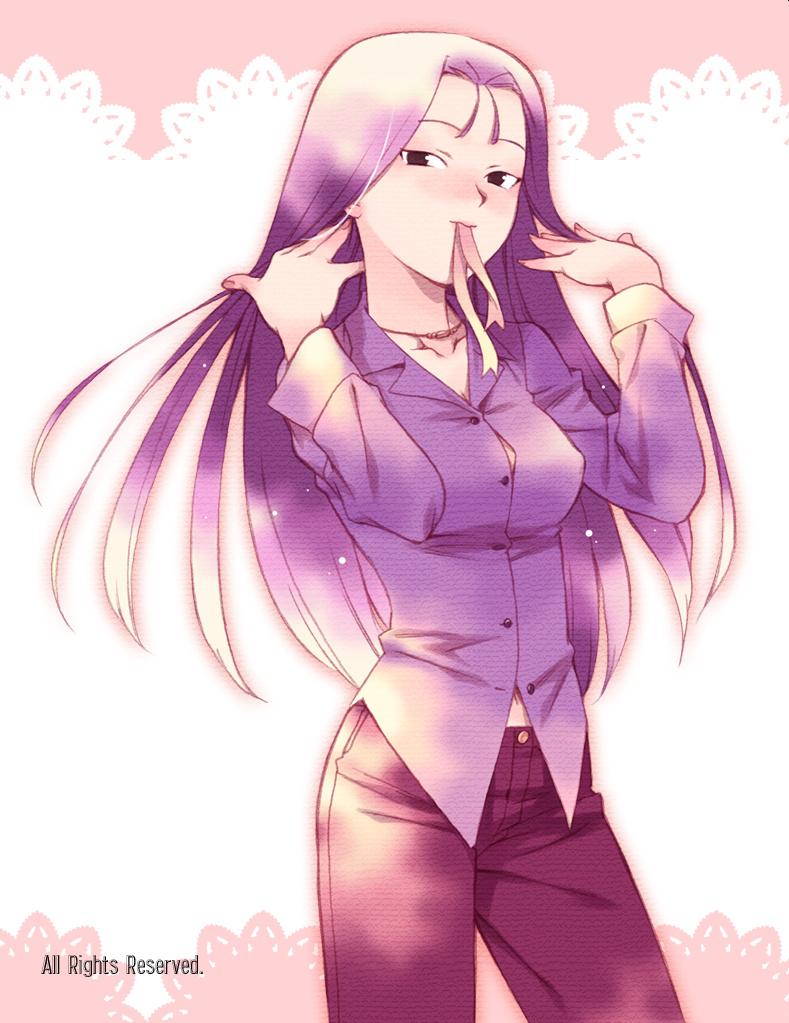 1girl, female_focus, jewelry, koike_sadaji, long_hair, mouth_hold, mxs_combat_de_reines, nakazawa_nodoka, necklace, nodoka, ribbon, shirt, solo, tight_clothes, tight_shirt