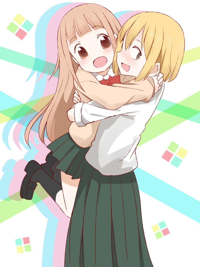 10s, 2girls, absurdres, agenasu, blonde_hair, brown_hair, echizen_(tanakeda), fang, highres, hug, long_skirt, miyano_(tanakeda), multiple_girls, school_uniform, skirt, tanaka-kun_wa_itsumo_kedaruge