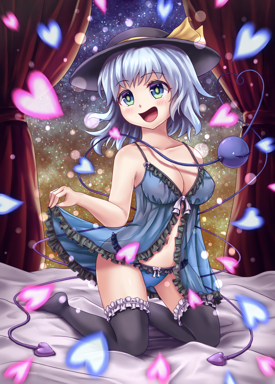 1girl, babydoll, bare_arms, black_thighhighs, blue_hair, blue_panties, blush, breasts