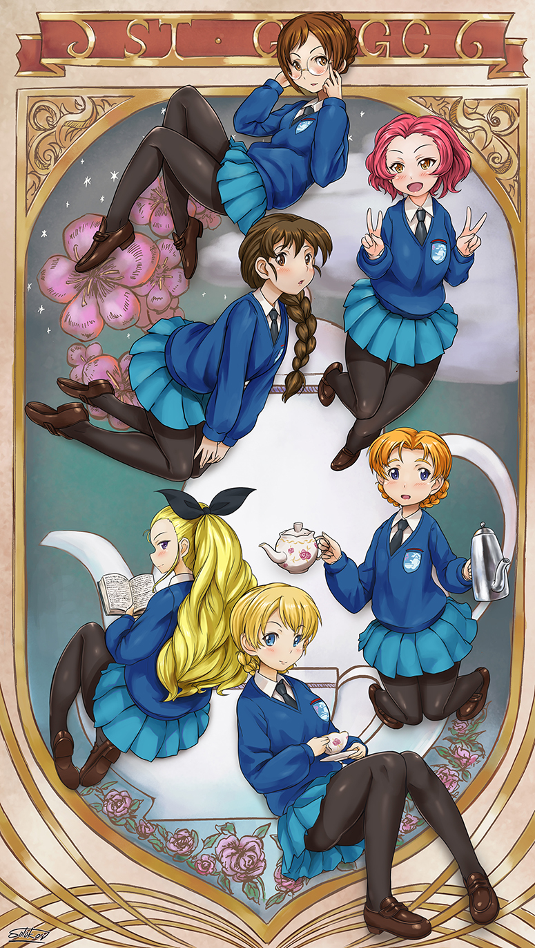 10s, 6+girls, art_nouveau, assam_(girls_und_panzer), bad_id, bad_pixiv_id, black_necktie, blonde_hair