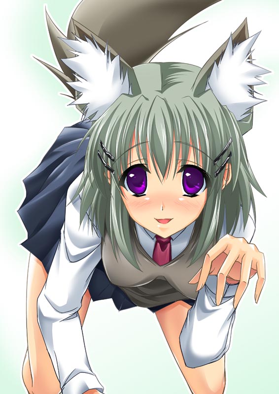 animal_ears, bent_over, blush, hair_ornament, hairclip, maho_(yakimorokoshi), mashuu_(masyu), necktie