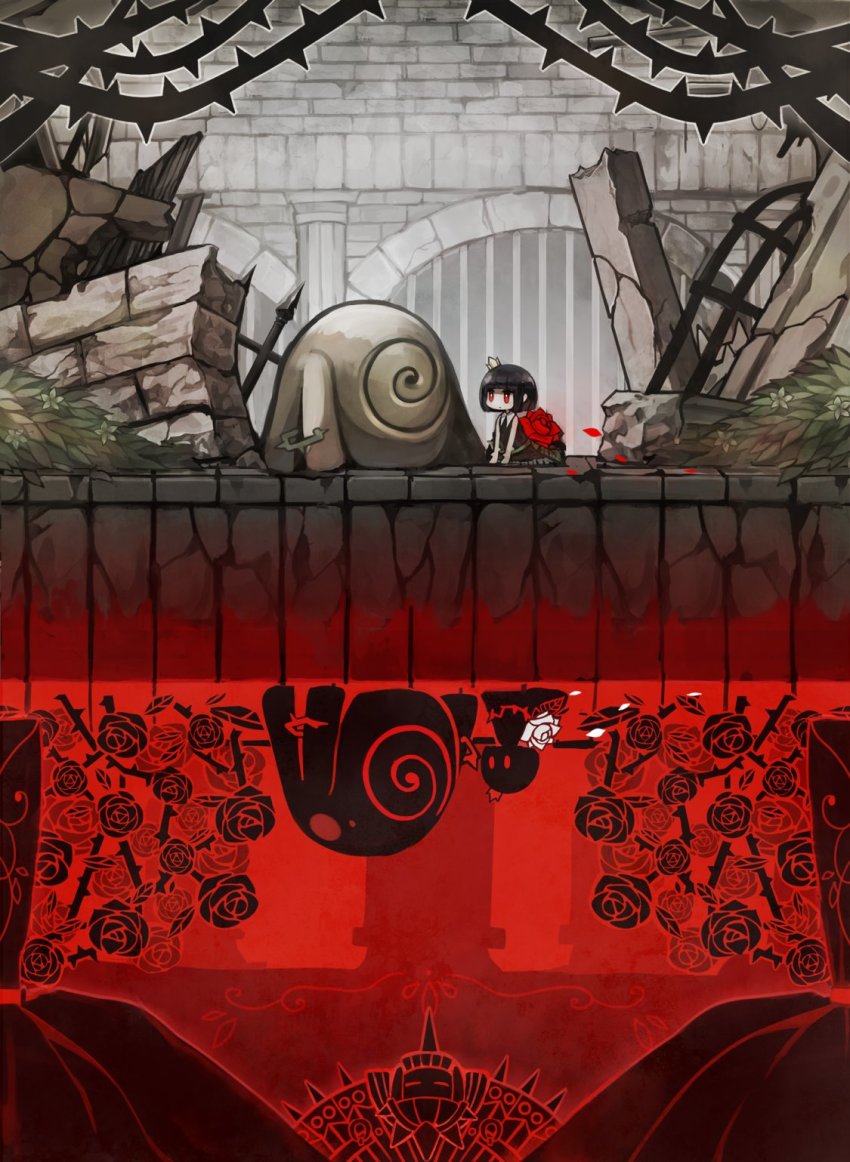 1girl, black_hair, crown, flower, highres, mini_crown, red_eyes, rose