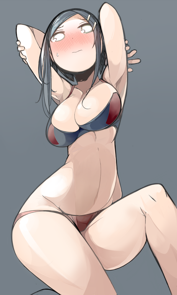 1girl, armpits, arms_behind_head, black_hair, blush, breasts, cleavage, female_focus