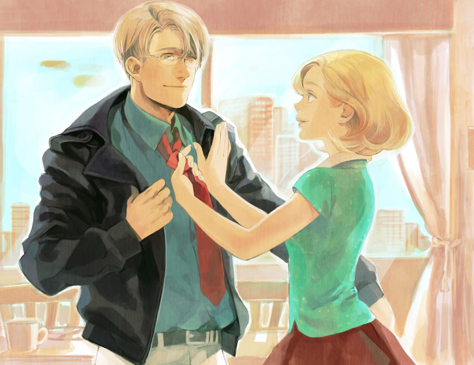 1boy, 1girl, alex_cazerne, bad_id, bad_pixiv_id, blonde_hair, ginga_eiyuu_densetsu, glasses, hortense_cazerne, husband_and_wife, necktie, short_hair, taa_(acid)