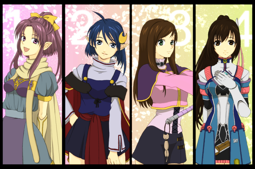 4girls, bad_id, bad_pixiv_id, blue_eyes, blue_hair, breasts, brown_hair, company_name