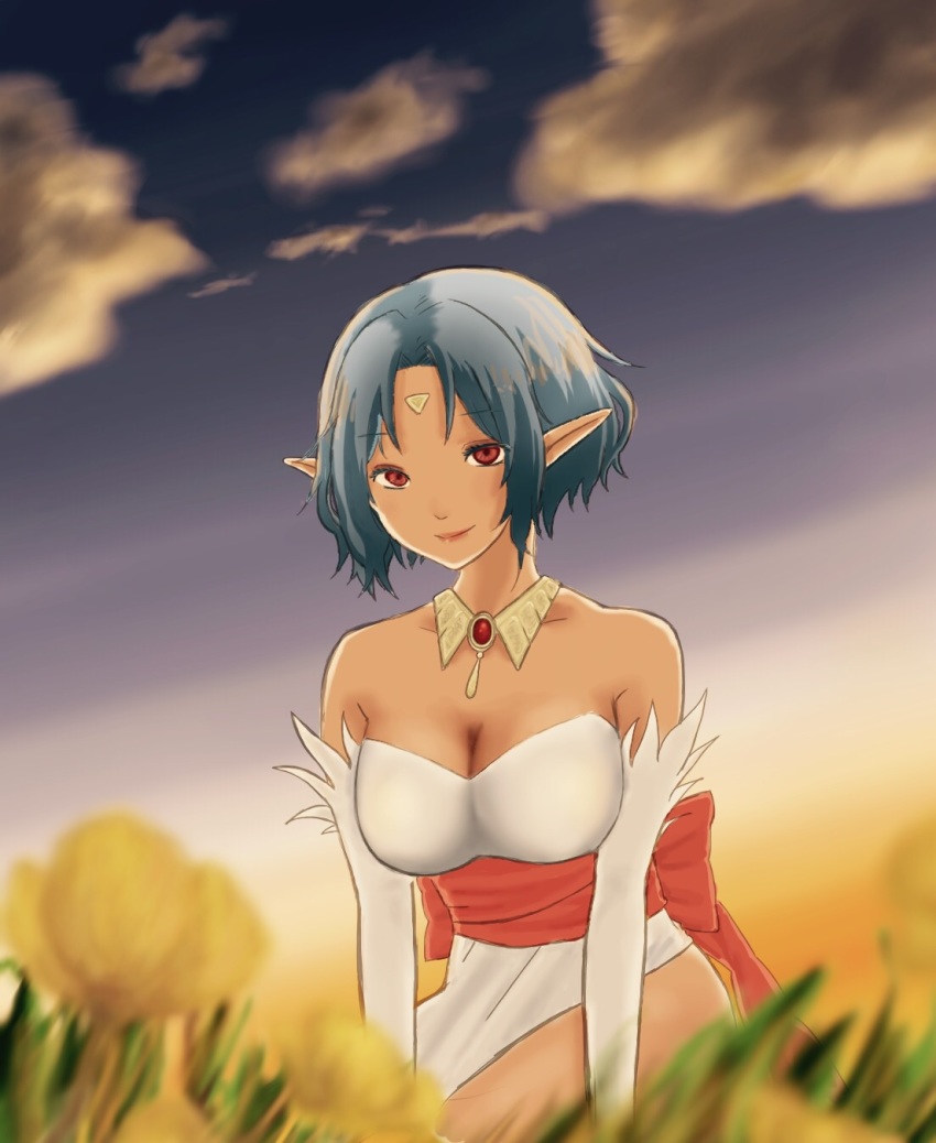 1girl, arm_support, bad_id, bad_pixiv_id, bare_shoulders, blue_hair, breasts, cleavage, cloud, dress, facial_mark, female_focus, filia_(star_ocean), filia_(star_ocean_2), flower, forehead_mark, gem, grass, highres, jewelry, large_breasts, lips, looking_at_viewer, neck, necklace, pointy_ears, red_eyes, red_gem, shima_(tukshimashima), short_hair, sky, smile, solo, star_ocean, star_ocean:_the_second_story, strapless, strapless_dress, white_dress