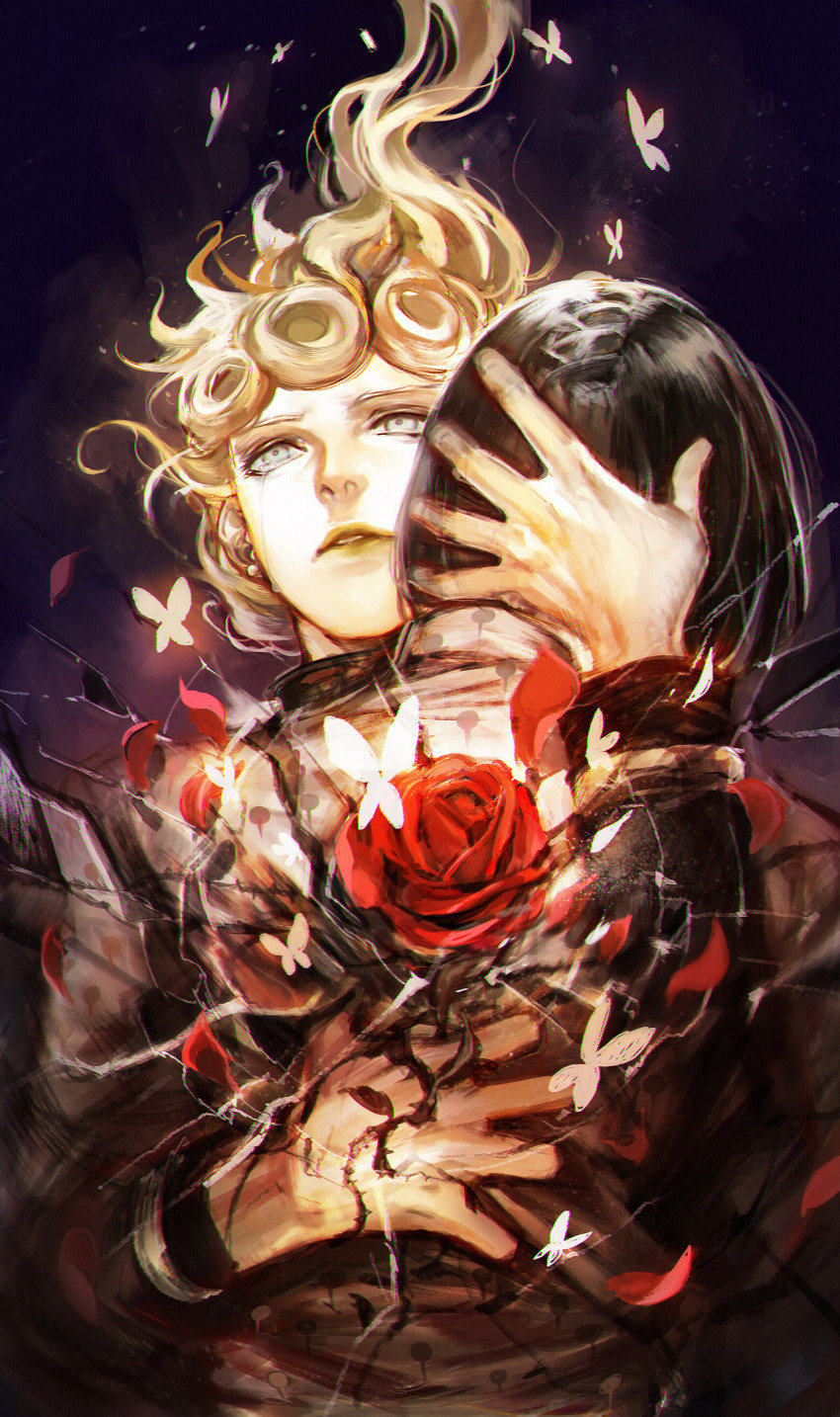 2boys, absurdres, black_hair, blonde_hair, broken, bruno_bucciarati, bug, butterfly