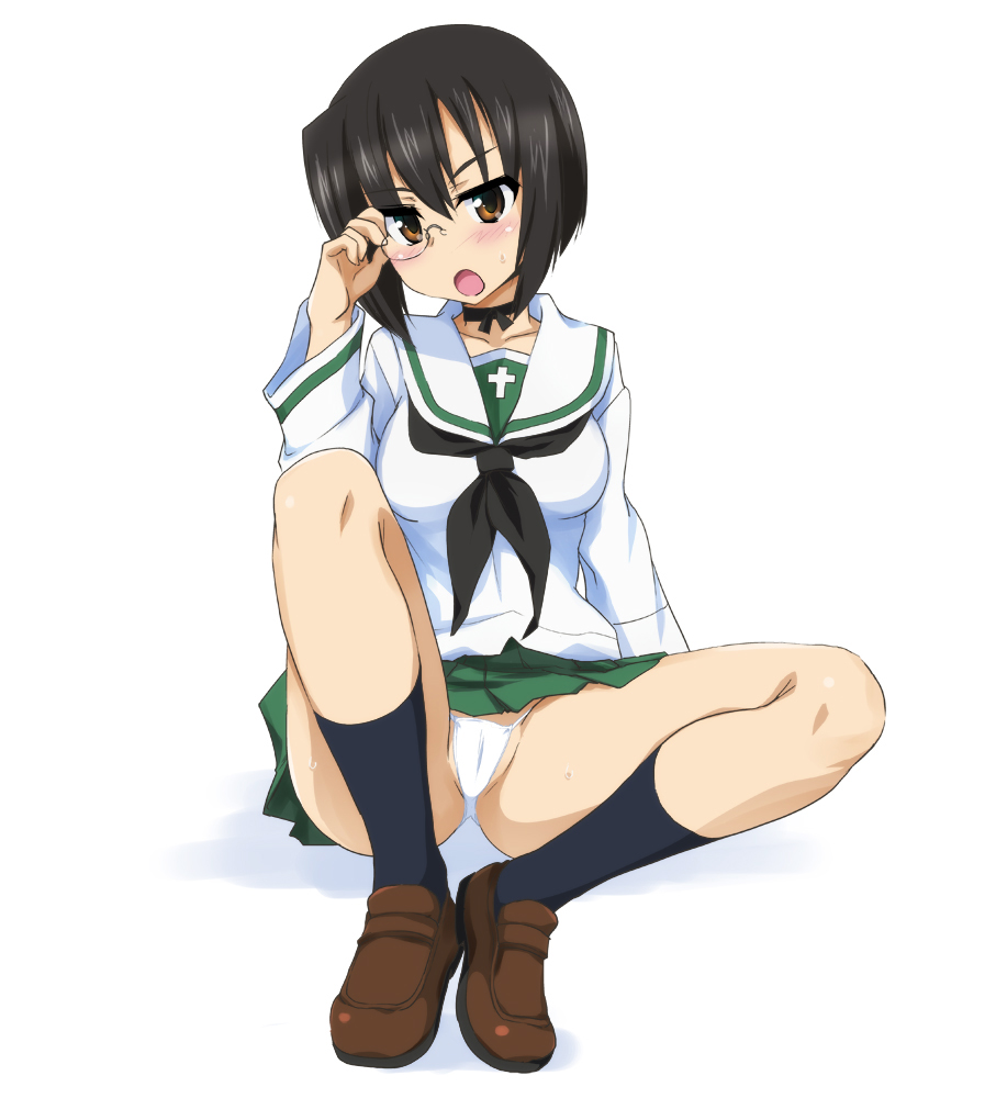 10s, 1girl, adjusting_monocle, arm_support, black_eyes, black_hair, black_socks, blouse