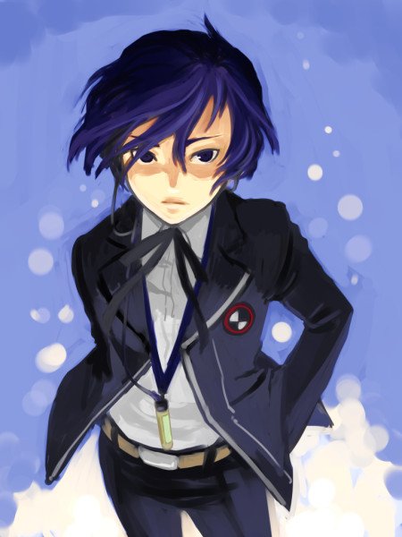 1boy, atlus, belt, blue_background, blue_eyes, blue_hair, closed_mouth, clothes