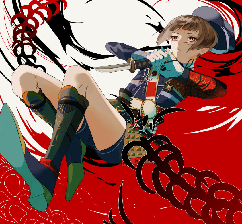 10s, 1boy, armor, bob_cut, boots, brown_eyes, brown_hair, child