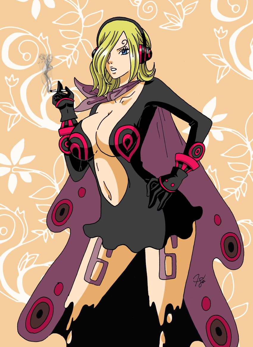 1girl, absurdres, blonde_hair, blue_eyes, breasts, cigarette, cleavage, female_focus, highres, one_piece, solo, vinsmoke_family, vinsmoke_reiju