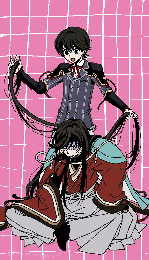 10s, 2boys, bad_id, bad_pixiv_id, black_hair, blue_eyes, formal_clothes, higashiyama_kazuko, horikawa_kunihiro, izumi-no-kami_kanesada, japanese_clothes, long_hair, messy_hair, multiple_boys, open_mouth, short_hair, smile, suit, touken_ranbu