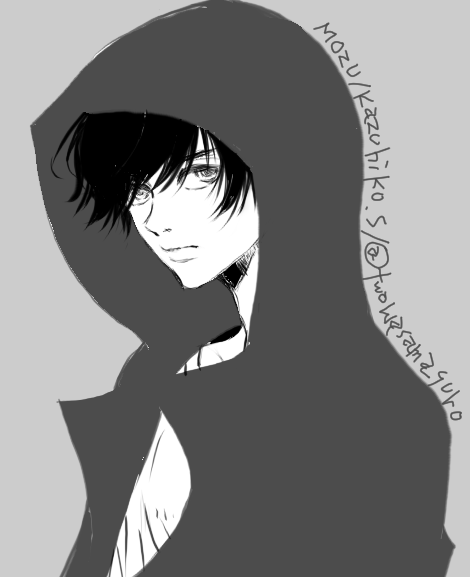 1boy, black_hair, greyscale, higashiyama_kazuko, hood, hoodie, monochrome, mozu_(tv_series)