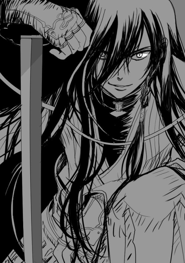 10s, 1boy, black_hair, braid, greyscale, higashiyama_kazuko, izumi-no-kami_kanesada, japanese_clothes, katana, long_hair, male_focus, messy_hair, monochrome, smile, solo, sword, touken_ranbu, weapon