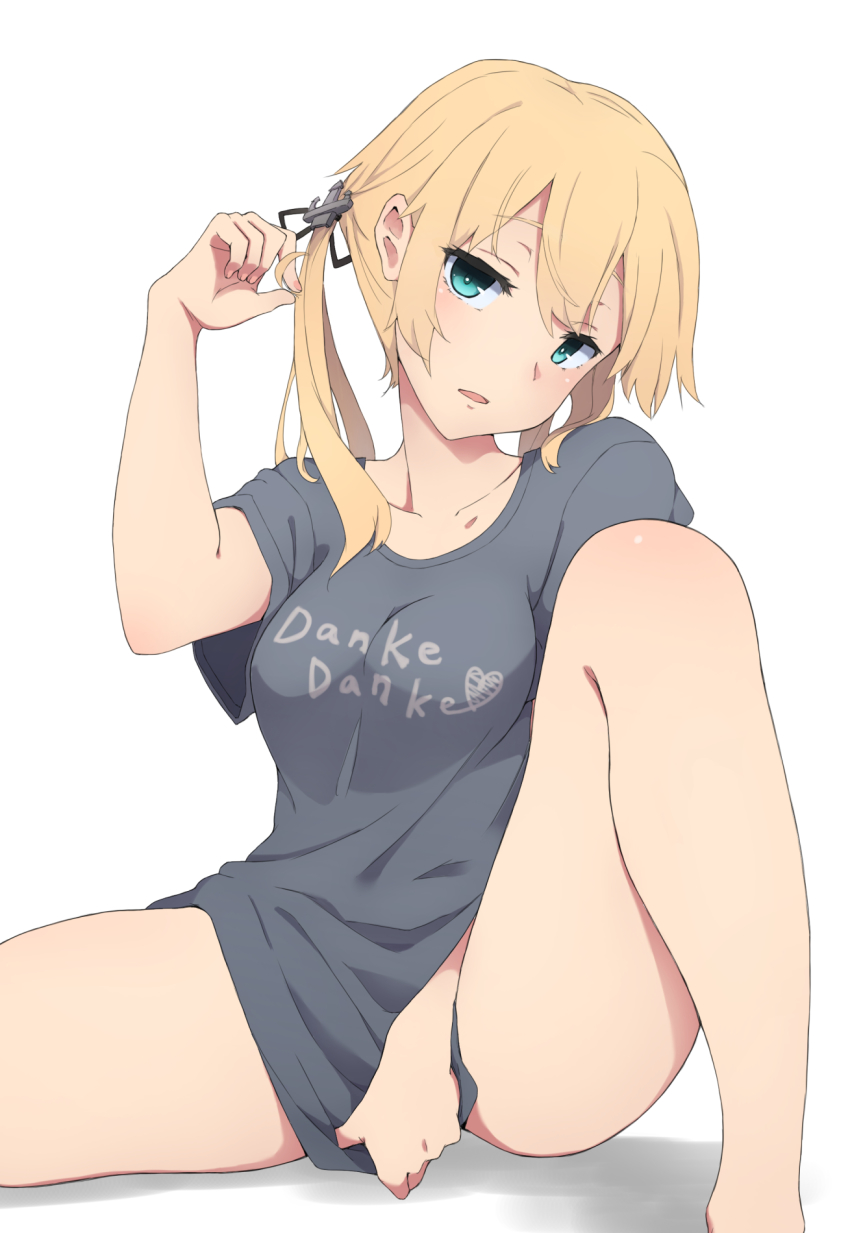 10s, 1girl, anchor_hair_ornament, blonde_hair, blue_eyes, breasts, casual, clothes_writing