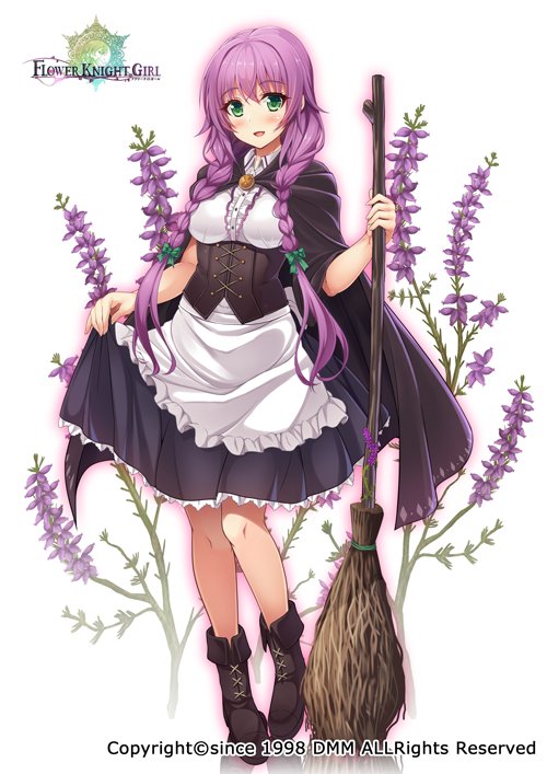 1girl, apron, black_boots, black_skirt, boots, braid, broom, cape, clothes_lift, copyright_name, corset, female_focus, flower, flower_knight_girl, frills, full_body, green_eyes, hair_over_shoulder, heather_(flower_knight_girl), long_hair, looking_at_viewer, name_connection, object_namesake, official_art, purple_hair, shoes, skirt, skirt_lift, smile, solo, standing, twin_braids, utsurogi_akira, very_long_hair, white_background