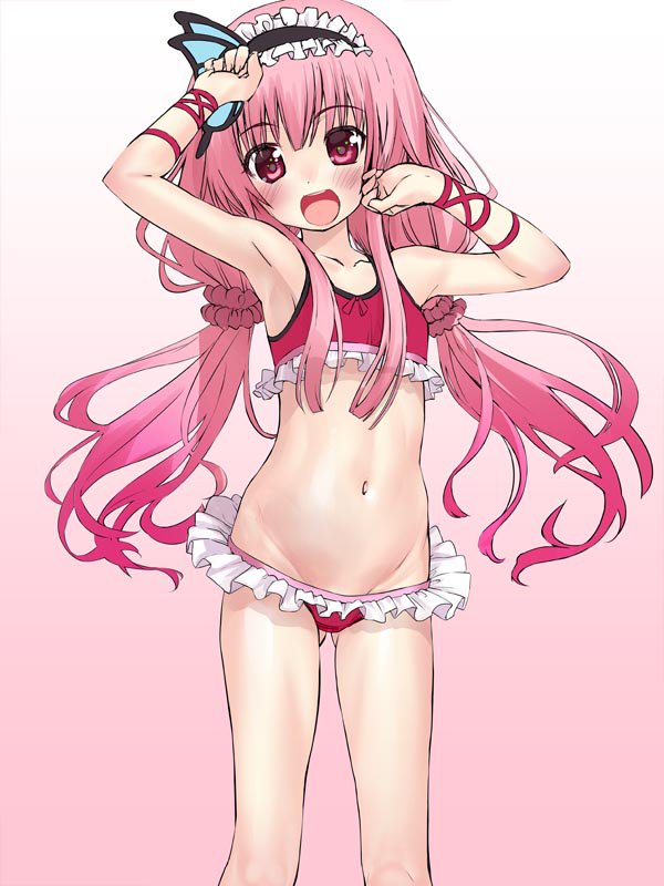1girl, :d, armpits, bikini, butterfly_hair_ornament, child, cowboy_shot, female_focus, flower_knight_girl, frilled_bikini, frills, gradient_background, groin, hair_ornament, hairband, hanamomo_(flower_knight_girl), long_hair, looking_at_viewer, navel, open_mouth, pink_background, pink_hair, red_bikini, red_eyes, sasayuki, smile, solo, swimsuit, twintails, white_background