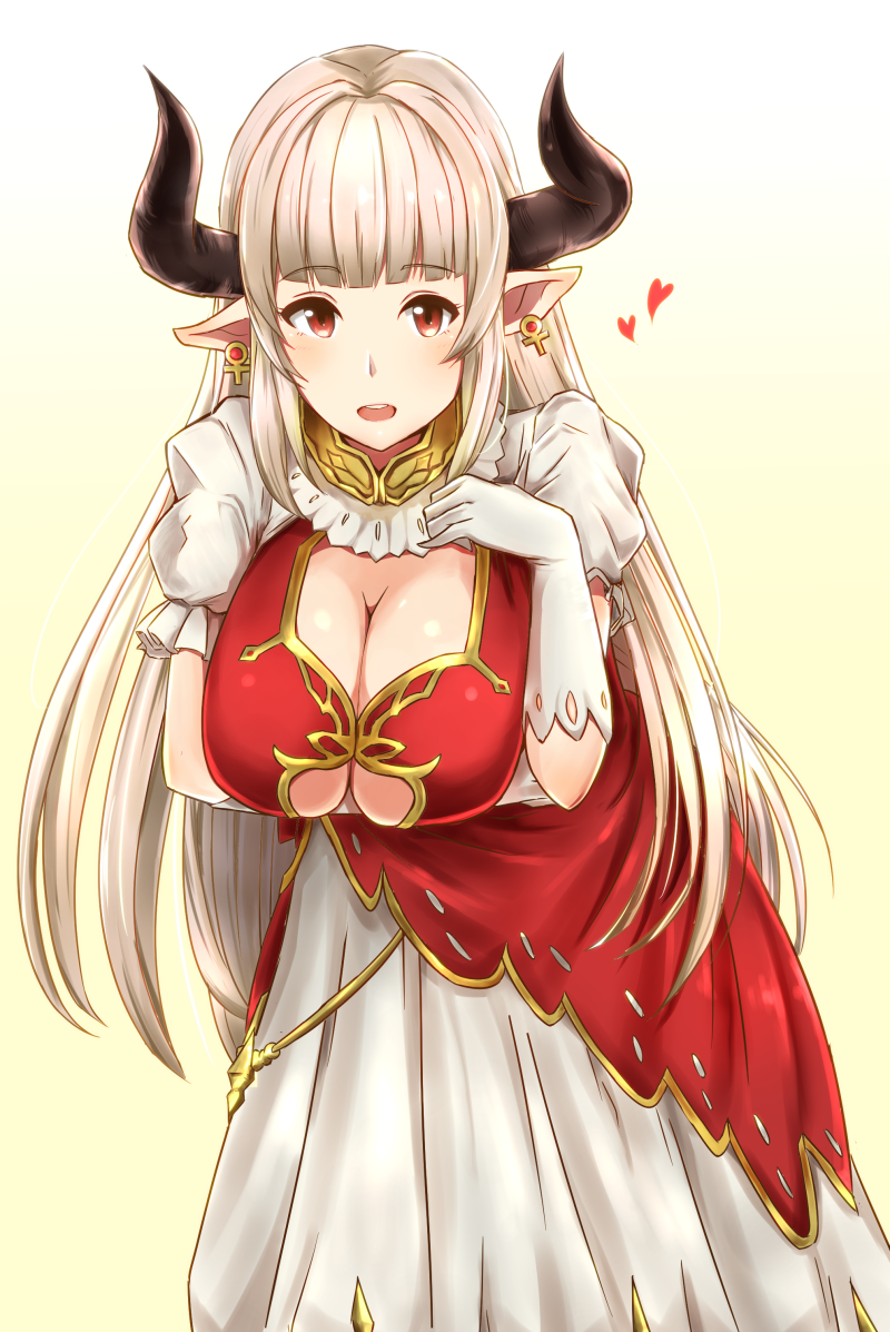 10s, 1girl, alicia_(granblue_fantasy), breast_hold, breasts, cleavage, cow_girl, cow_horns, dress, earrings, female_focus, gloves, gradient_background, granblue_fantasy, horns, jewelry, large_breasts, leaning_forward, long_hair, long_skirt, looking_at_viewer, open_mouth, pointy_ears, rasen_ou, red_eyes, silver_hair, simple_background, skirt, solo, standing, underboob, very_long_hair, white_gloves
